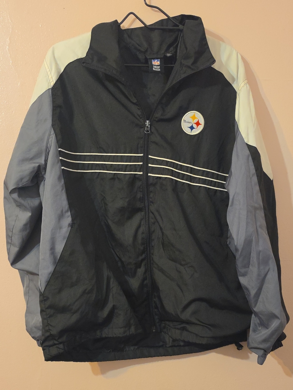NFL Rebok Black Jacket with Gray and Cream Panels - Pittsburgh Steelers Logo